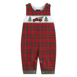 Red Smocked Plaid Truck Overalls Boutique NWOT